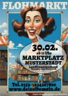 Flohmarkt Flyer, Karrikatur im Retro/Vintage Stil, Cartoon/Comic Variante. Ideal z.B. für Frauenvereine die einen Flohmarkt veranstalten und Humor besitzen